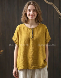 Women Loose Fit Linen Button Detail Summer Blouse
