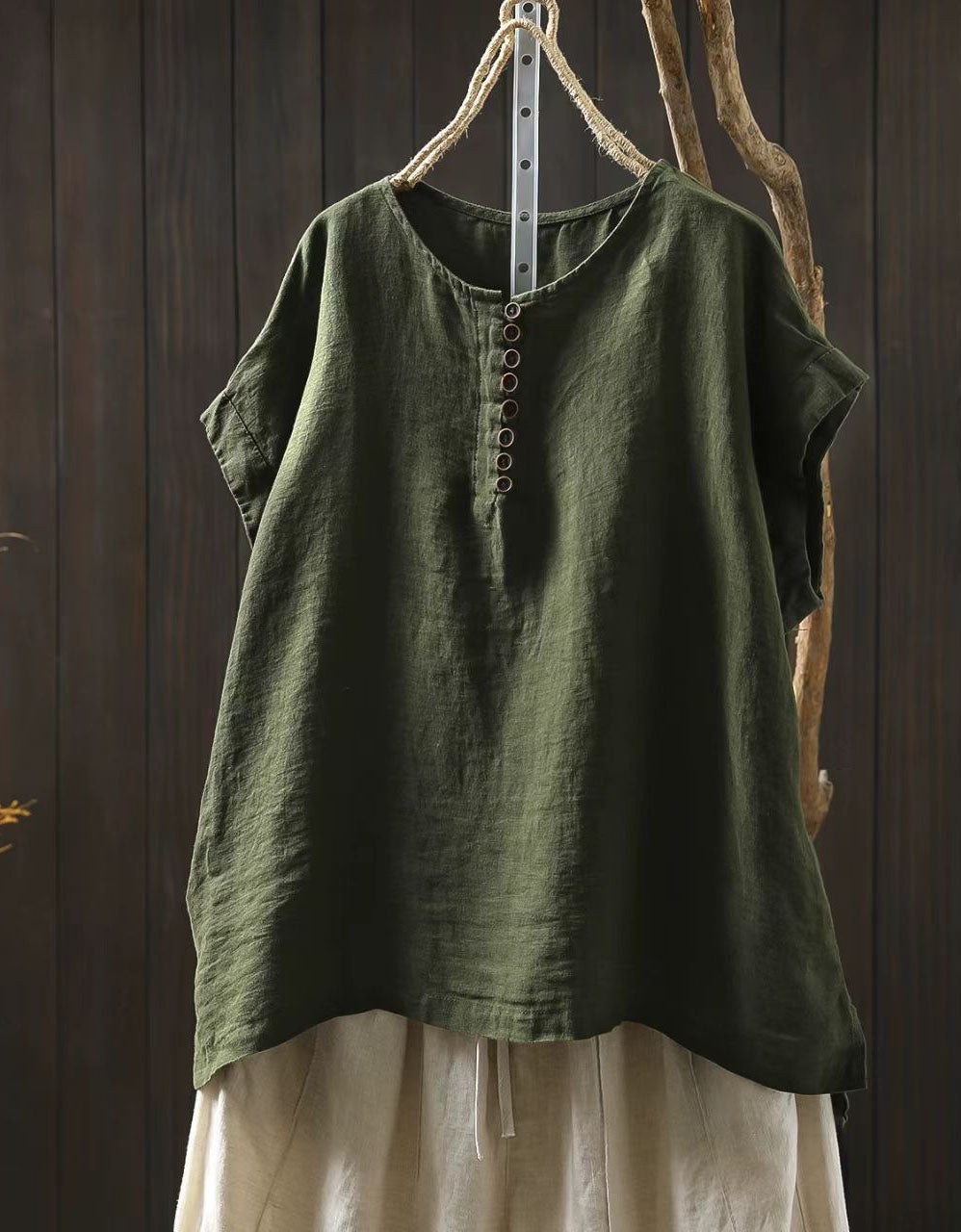 Women Oversized Linen Tunic with Button Detail Top