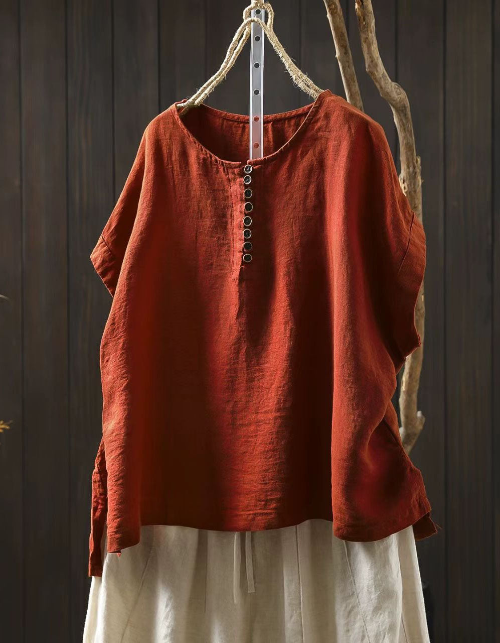 Women Relaxed Fit Linen Summer Tunic Shirt Top