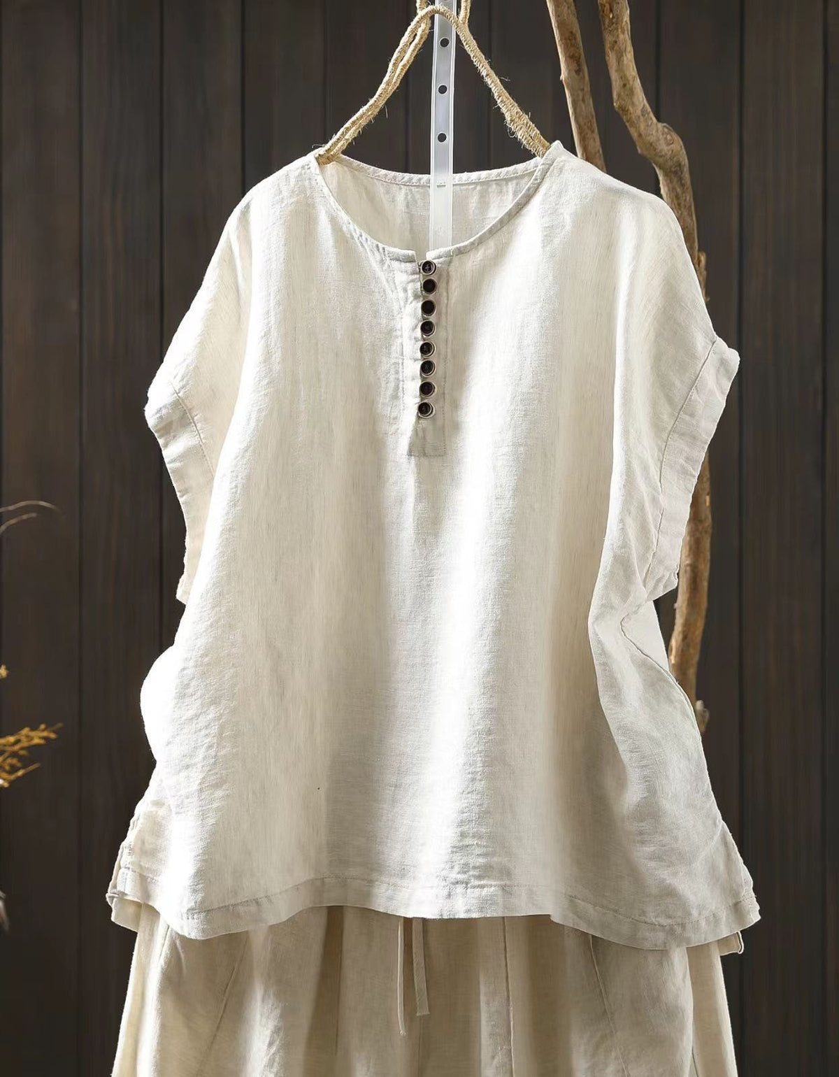 Women Vintage Linen Button Front Loose Fit Blouse