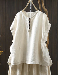 Women Vintage Linen Button Front Loose Fit Blouse