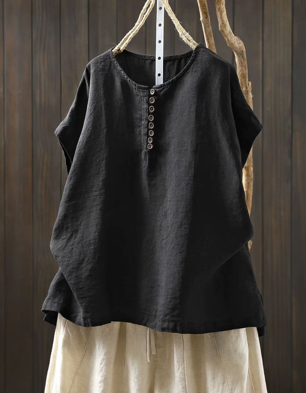 Vintage Style Linen Button Neck Casual Women Top