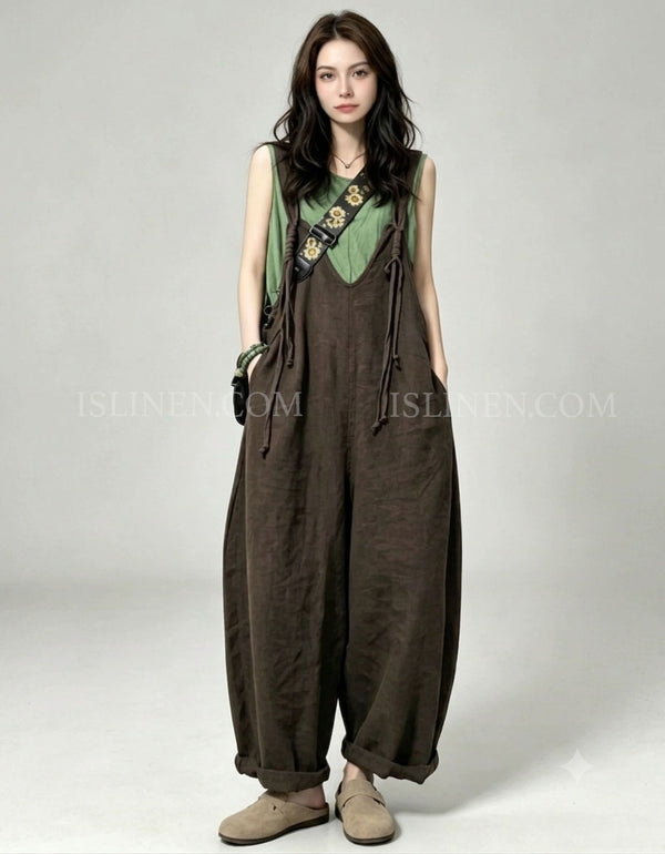 Women's vintage linen blend baggy jumpsuit with sleeveless design, wide legs, and relaxed oversized fit