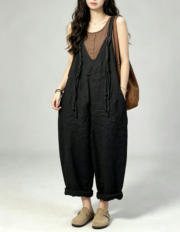 Loose fit Japanese style overalls for women featuring a sleeveless cut and comfortable wide leg silhouette