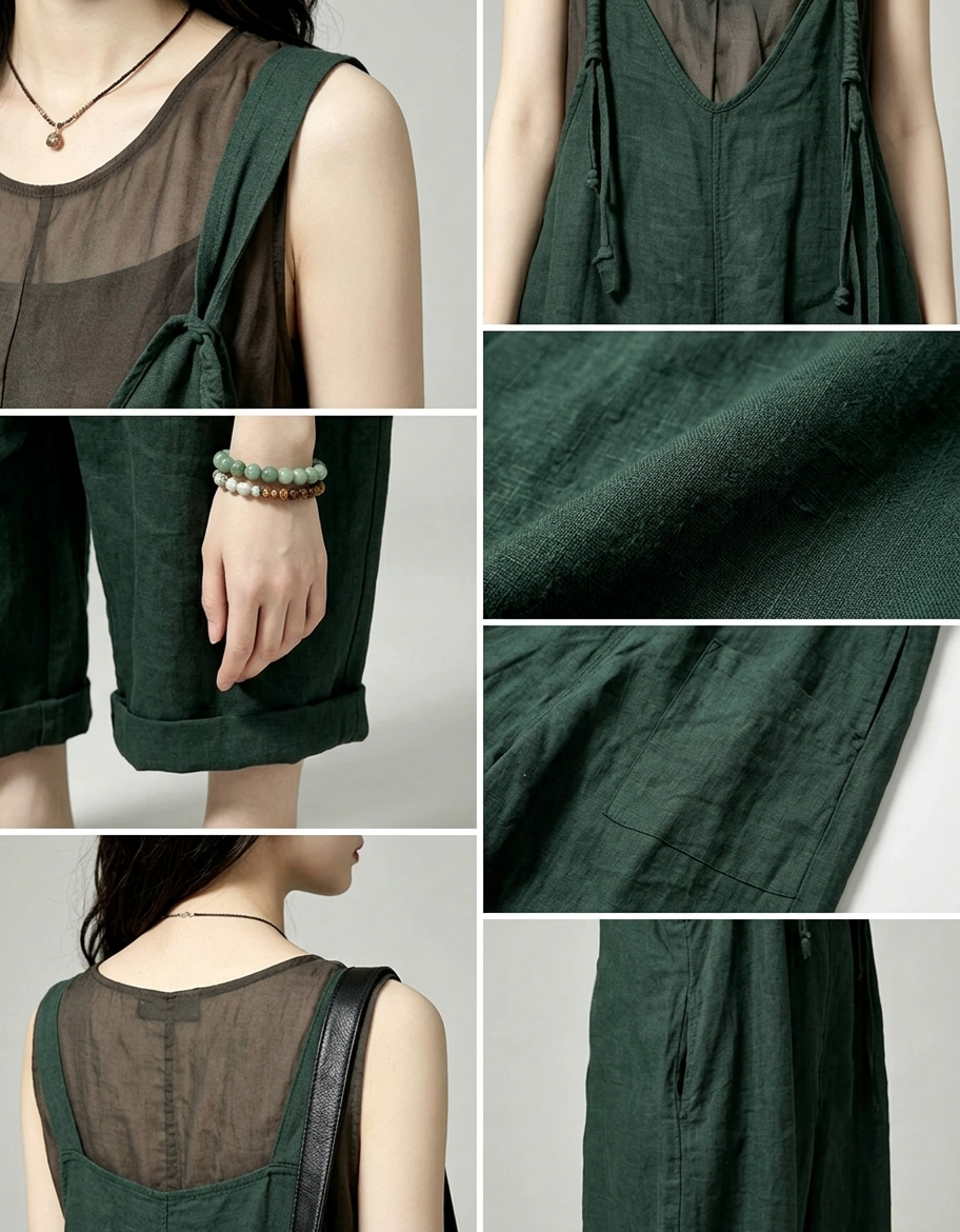 Vintage casual jumpsuit with rolled ankle cuffs, wide pants, and effortless relaxed styling