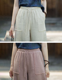 Women wearing pink linen wide leg pants with pockets casual summer outfit