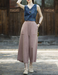 Women Casual Relaxed Fit Drawstring Linen Cropped Pants