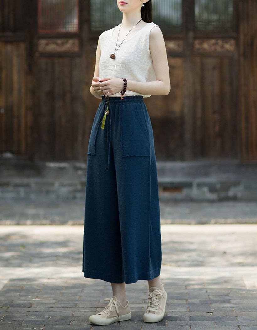 Women’s Casual Linen Culotte Pants Loose Fit Trousers