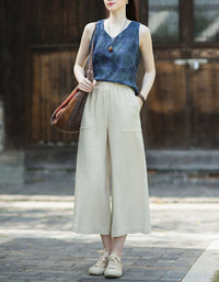 Women Casual Relaxed Fit Drawstring Linen Cropped Pants