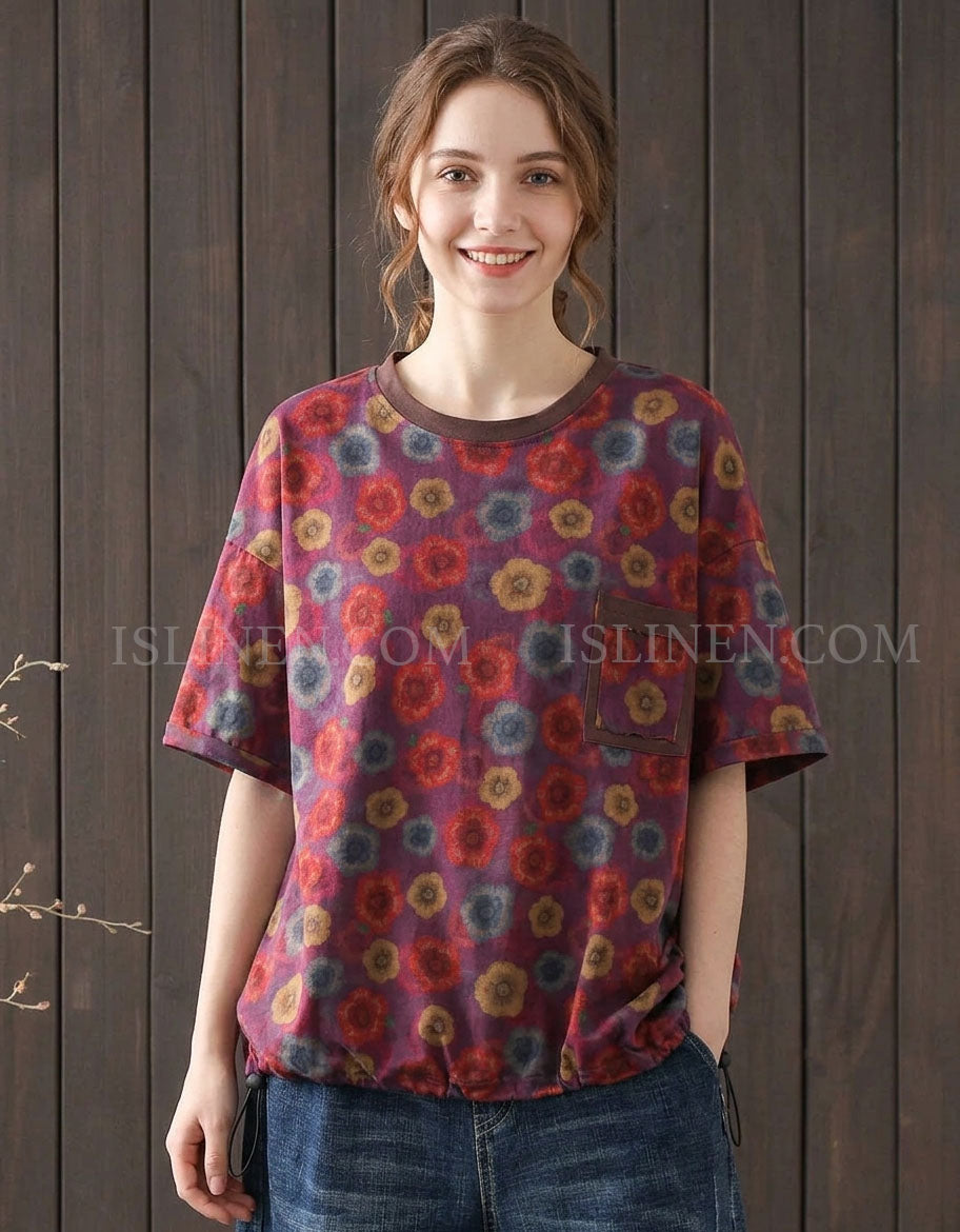 Vintage floral oversized cotton women’s casual top front view