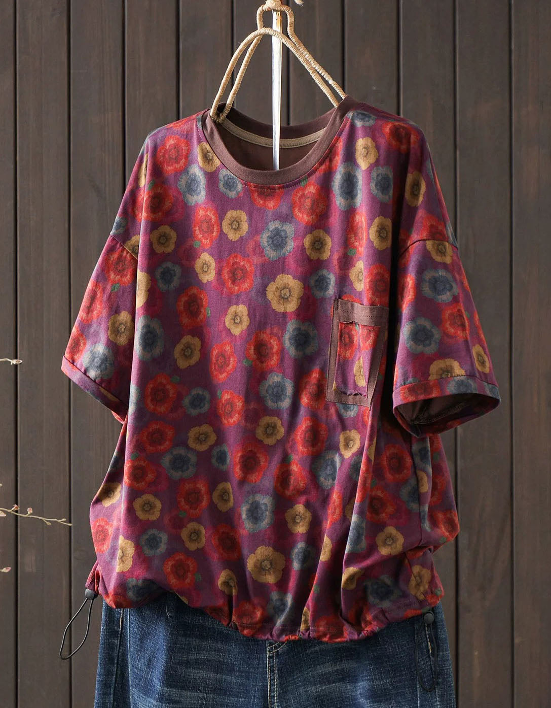 Boho floral print loose fit women’s blouse with pocket