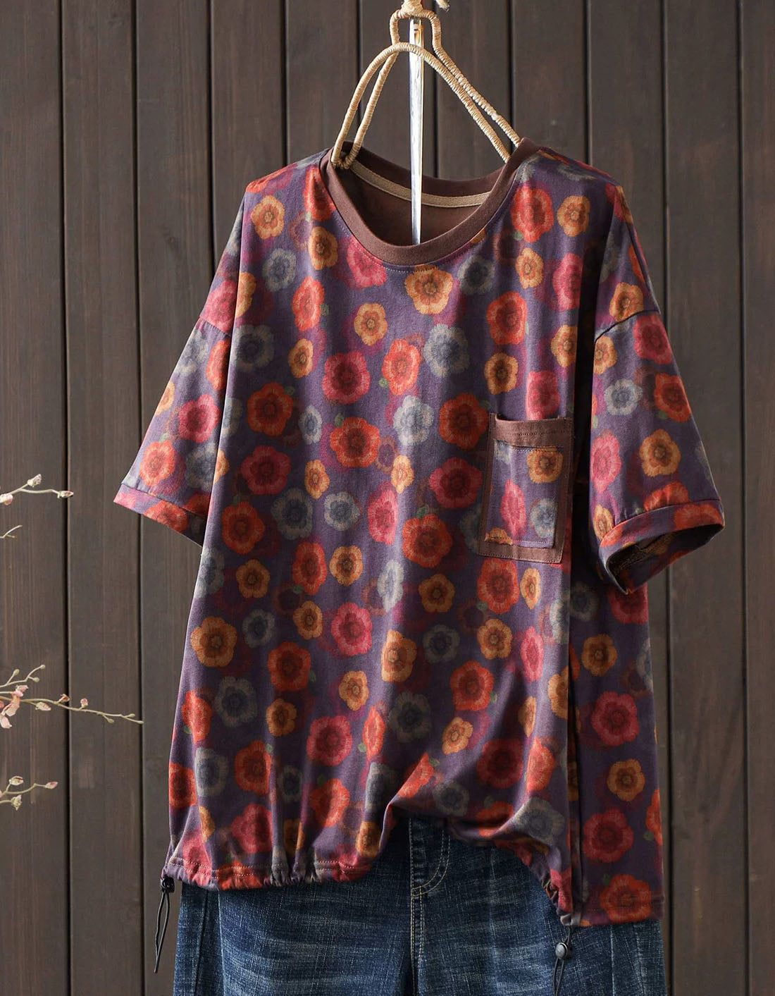 Oversized retro floral cotton top for women casual wear