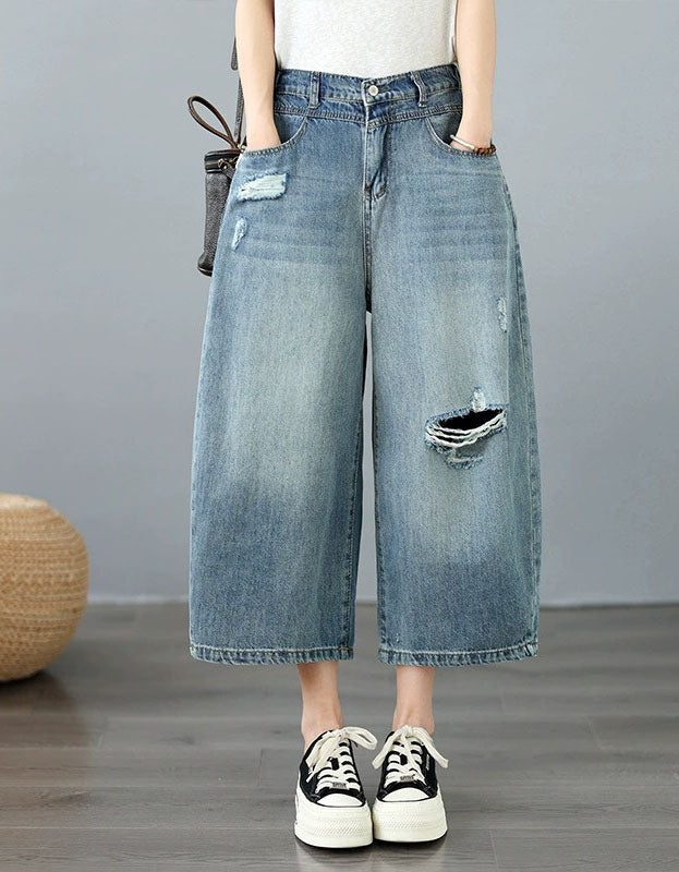 Trendy Women’s Wide-Leg Cropped Distressed Jeans