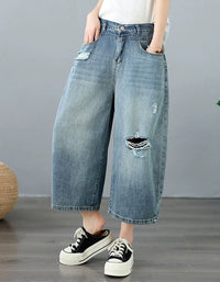 Casual Relaxed Fit Ripped Denim Pants for Women