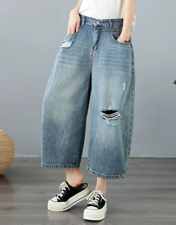 Casual Relaxed Fit Ripped Denim Pants for Women