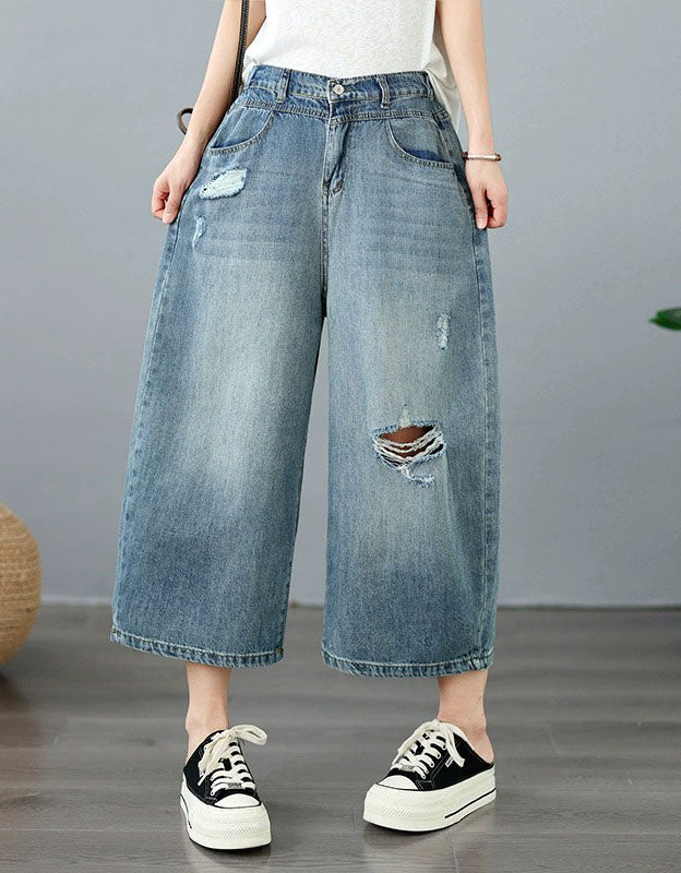 Summer Loose-Fit Wide-Leg Jeans with Distressed Style