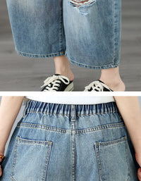 Close-up of ripped distressed details on women’s jeans