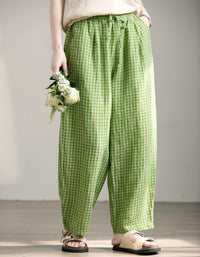 Women Green Gingham Loose Linen Harem Pants