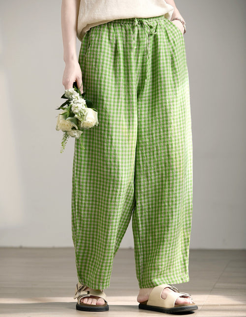 Women Green Gingham Loose Linen Harem Pants