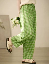 Casual Green Check Linen Wide Leg Pants Women