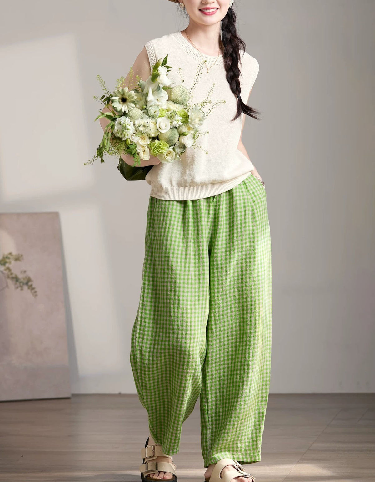 Women Oversized Checkered Casual Linen Trousers