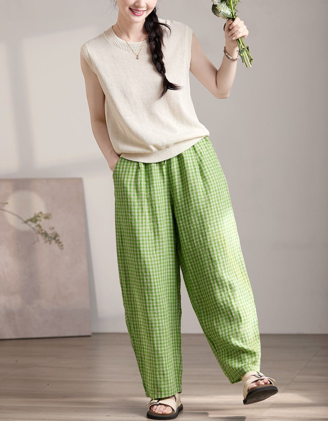 Green Gingham Cotton Linen Loose Fit Pants Women
