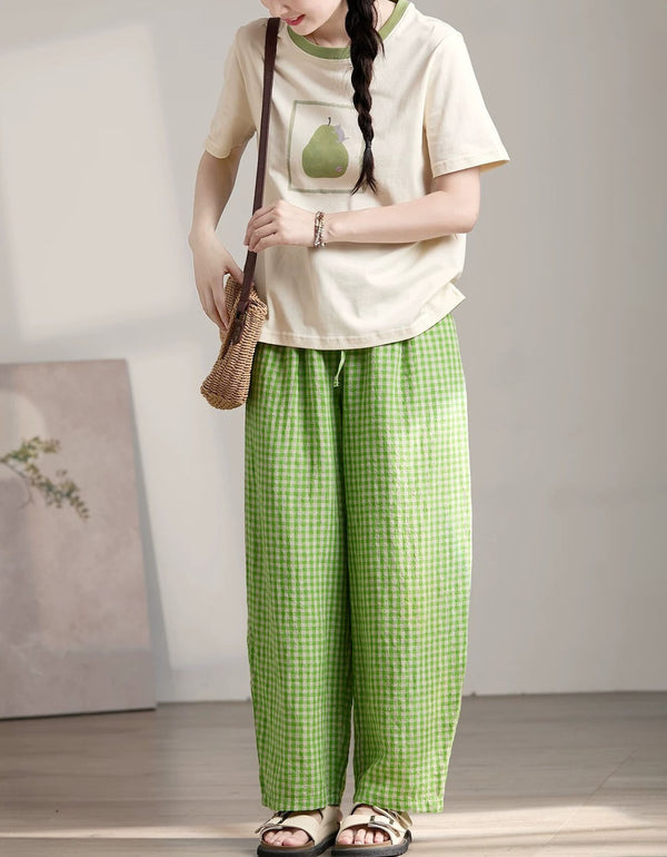Vintage Green Plaid Elastic Waist Linen Pants