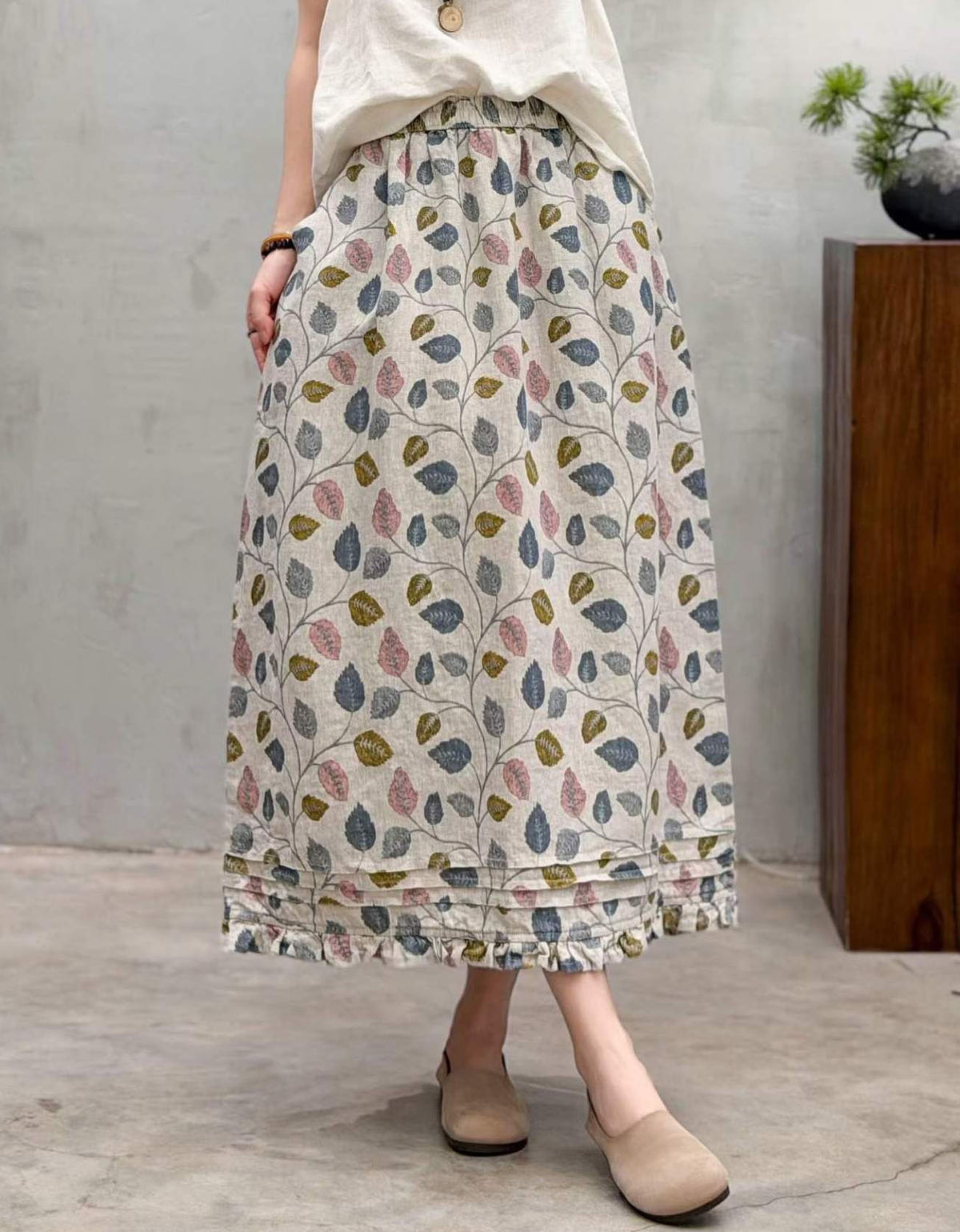 Women's Vintage Leaf Print Linen Midi Skirt Casual