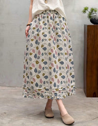 Women's Vintage Leaf Print Linen Midi Skirt Casual