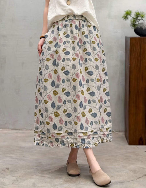 Women's Vintage Leaf Print Linen Midi Skirt Casual