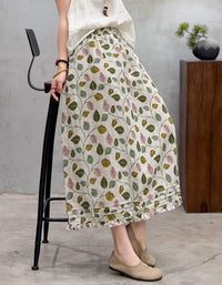 Women Casual Printed Linen Midi Skirt Elastic Waist