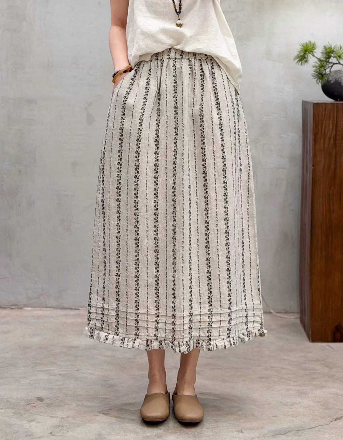 Women's Floral Print Linen Maxi Skirt Loose Fit Style