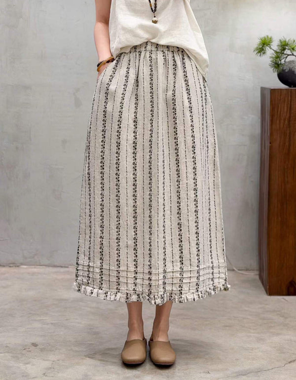 Women Casual Relaxed Leaf Pattern A-Line Linen Long Skirt