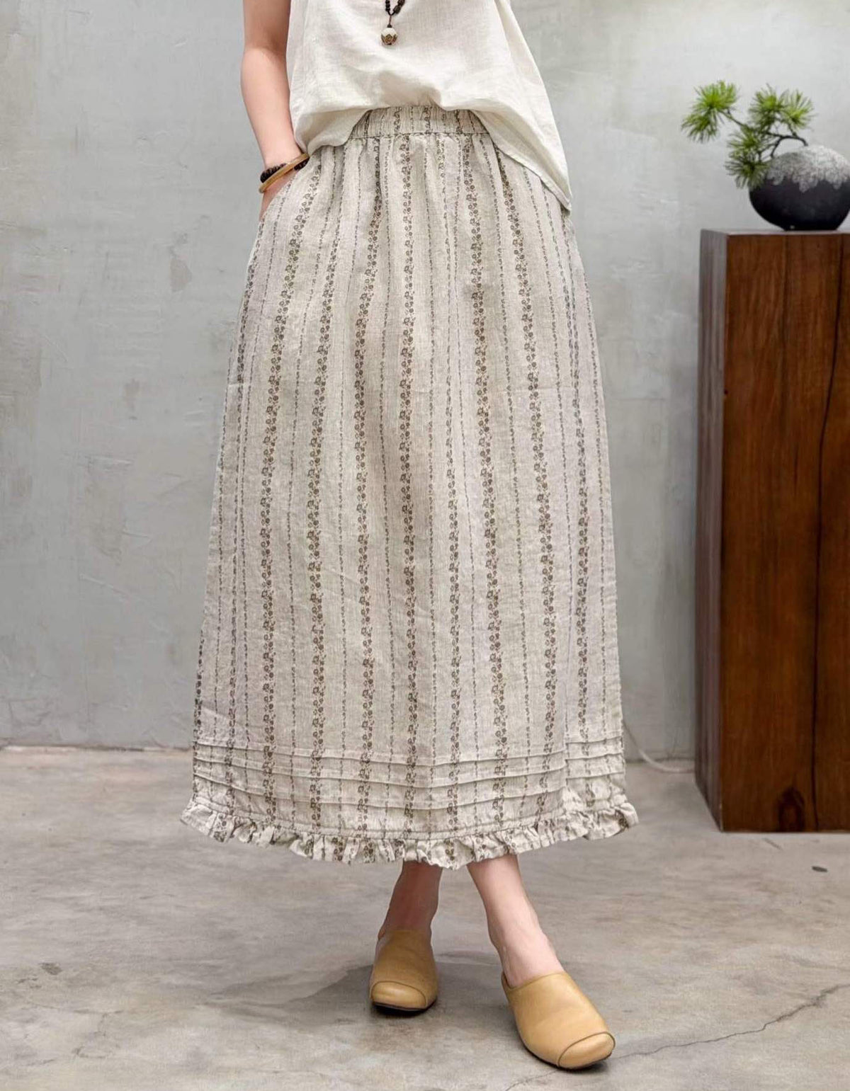 Vintage Leaf Pattern Linen Skirt Women Summer Outfit