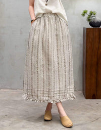 Vintage Leaf Pattern Linen Skirt Women Summer Outfit