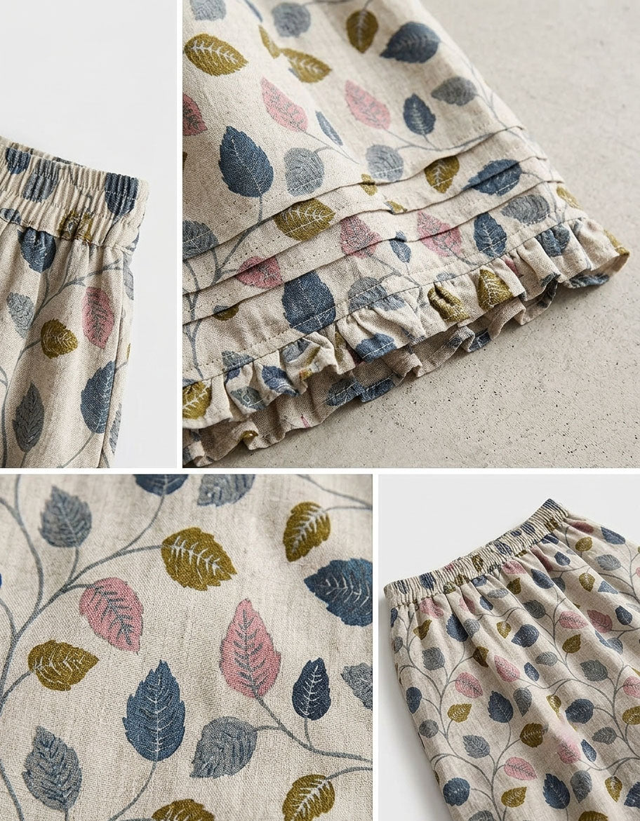 Women's Retro Printed Cotton Linen Midi Skirt Pockets