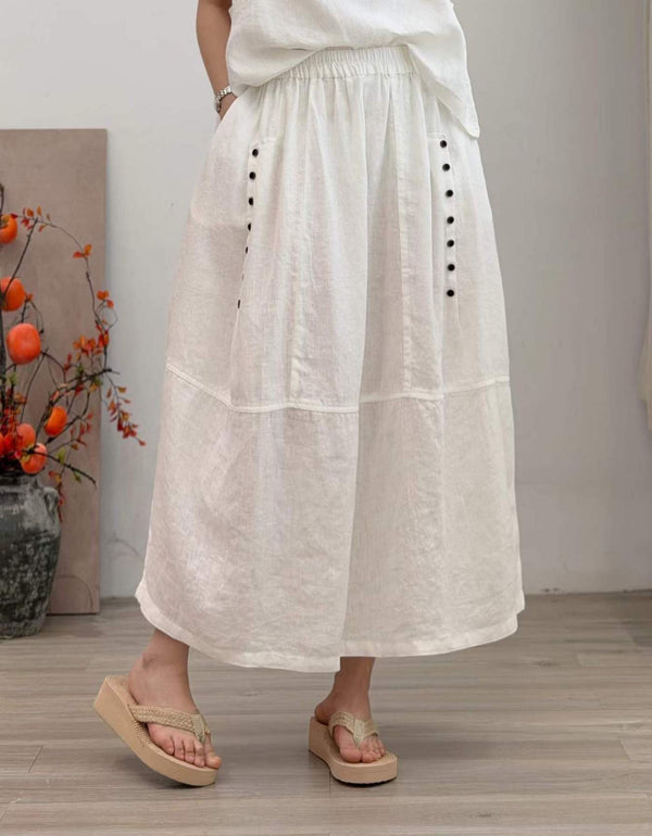 Terracotta cotton linen A-line maxi skirt for women with comfortable elastic waist