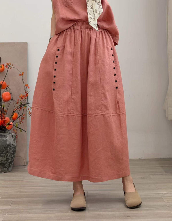 Women's vintage cotton linen maxi skirt with high waist, elastic waistband, and side pockets