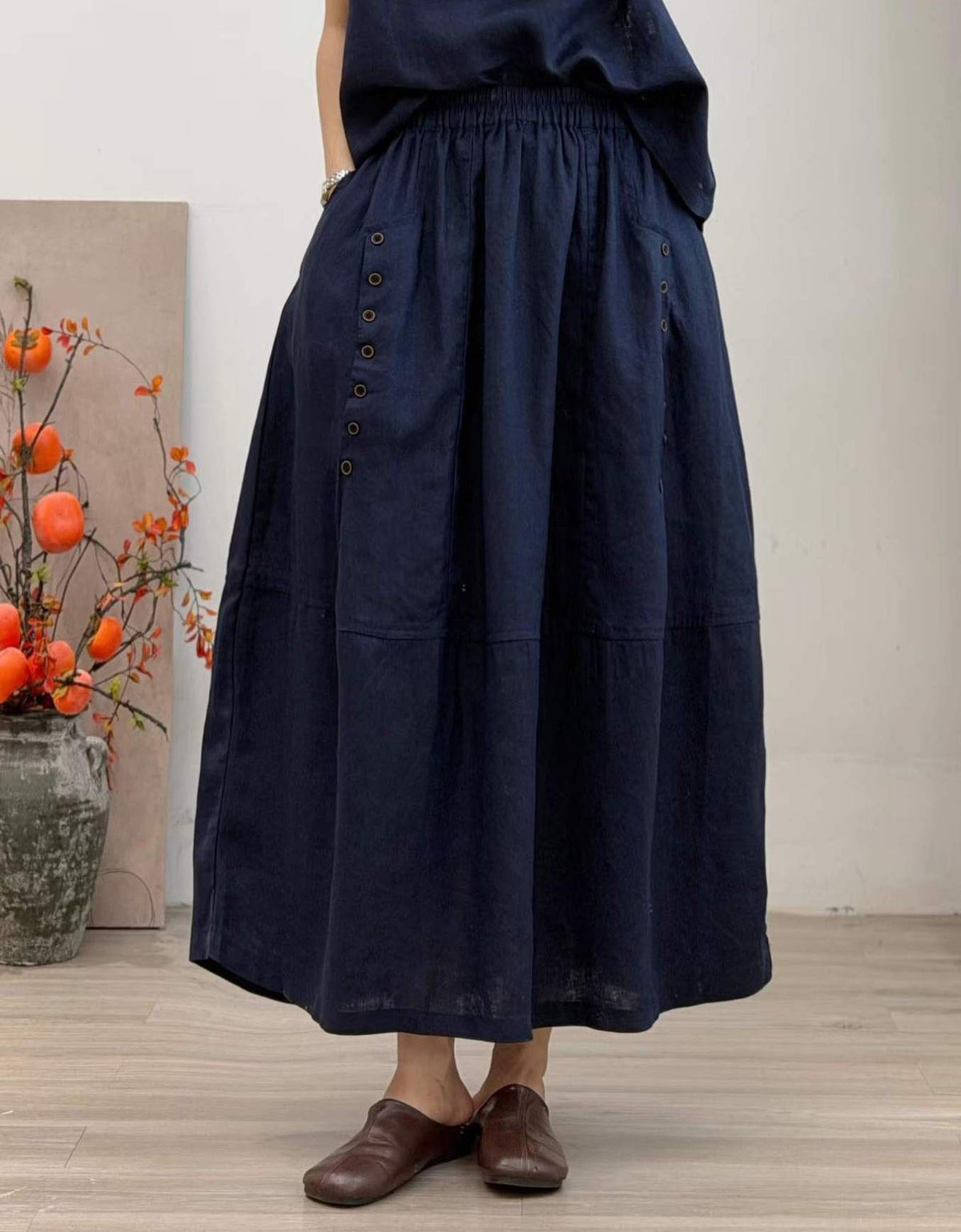 Women's boho maxi skirt in breathable cotton linen fabric for everyday wear