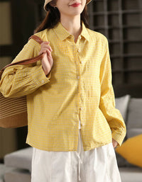 Women’s Yellow Gingham Button Up Casual Blouse