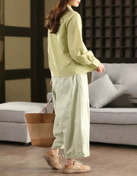 Vintage Lemon Green Check Button Up Blouse Women