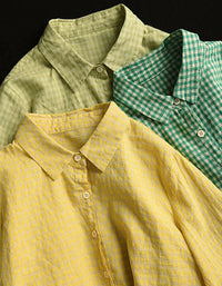 Three checkered shirts in green, yellow, and a mix of both on a black background.