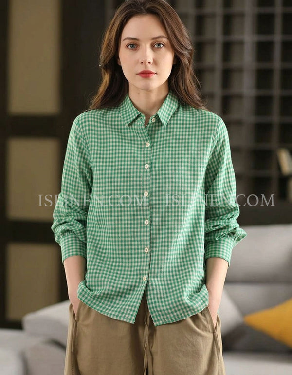 Women’s green gingham button up blouse front view