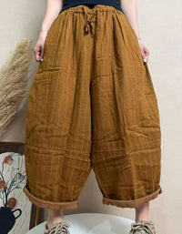 Women Casual Relaxed Yellow Striped Wide Leg Cropped Pants