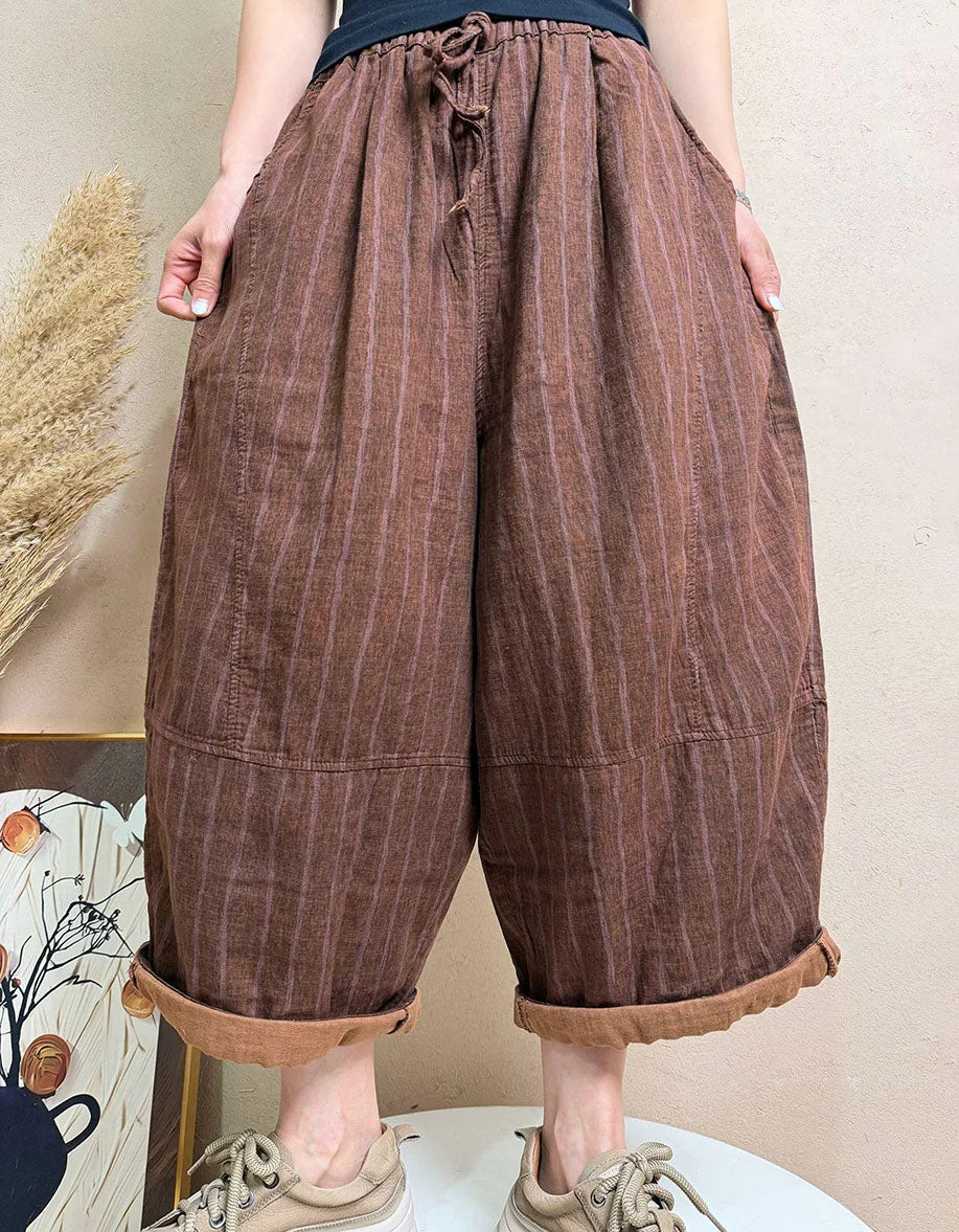 Women Casual Relaxed Coffee Striped Wide Leg Cropped Pants