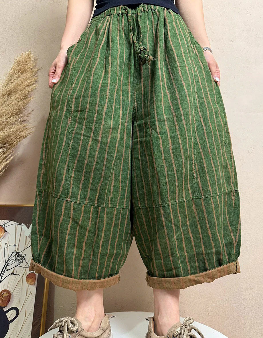Women Casual Relaxed Striped Wide Leg Cropped Pants