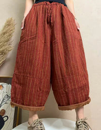 Women Casual Relaxed Orange Striped Wide Leg Cropped Pants