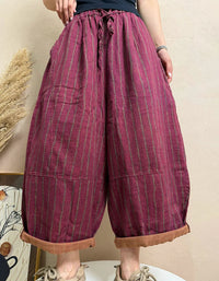 Women Casual Relaxed Red Striped Wide Leg Cropped Pants