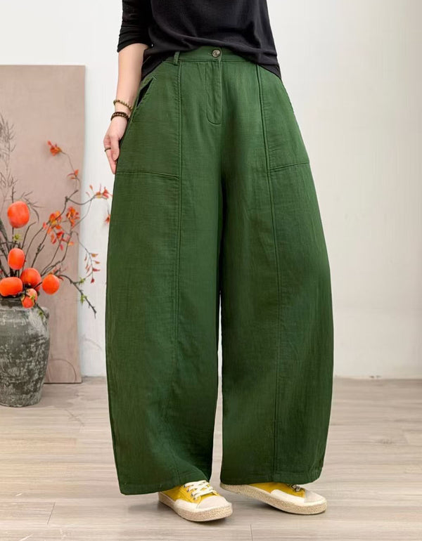 Green wide leg pants for women with utility side pockets