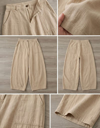 Close up of beige wide leg pants textured fabric and seams